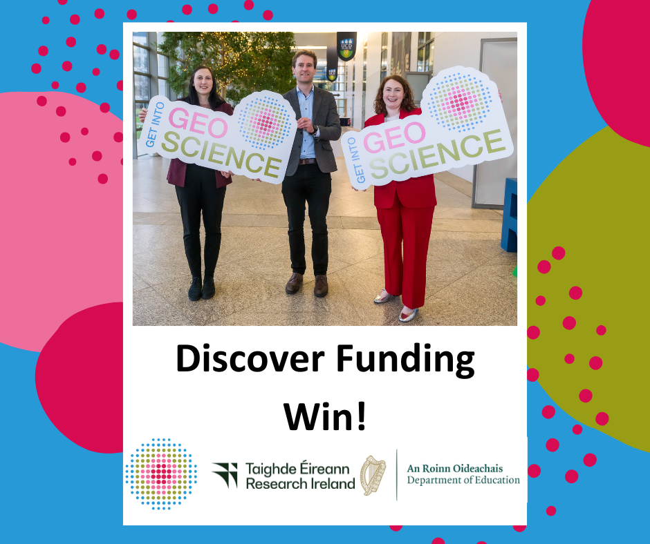 A picture of 3 people holding Get into Geoscience signs